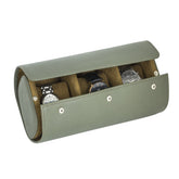 A olive green leather watch roll box with microfibre interior, displaying watches through its open side.